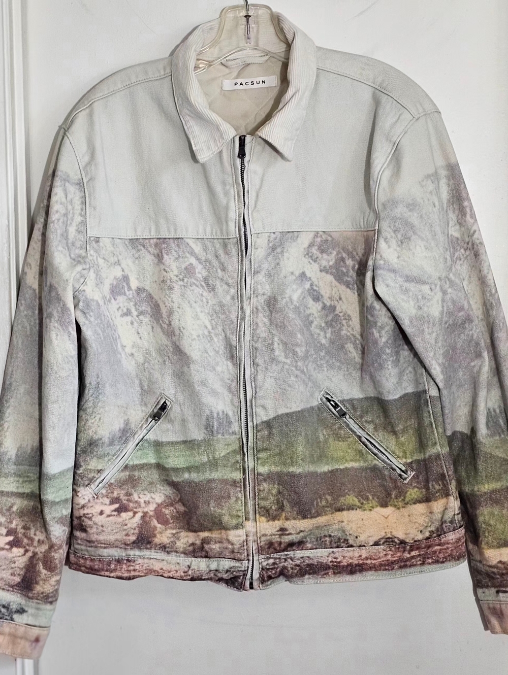 PacSun Los Angeles Mountain Landscape Print Quilted Denim Jacket Bomber Zip Up.